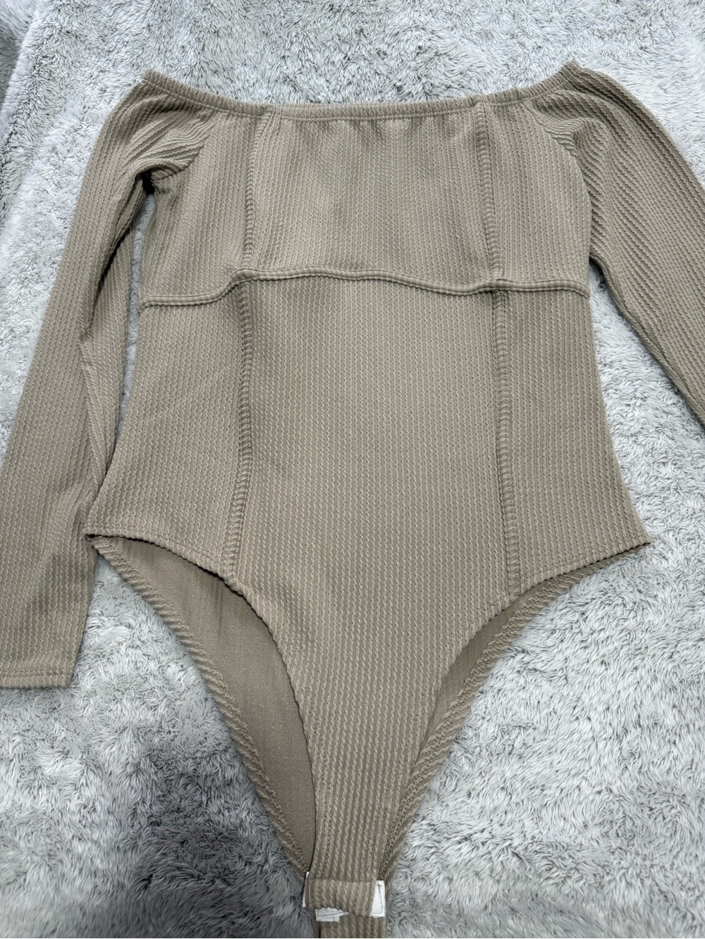 Womens Off-Shoulder Long Sleeve One-Piece Bodysuit in Taupe